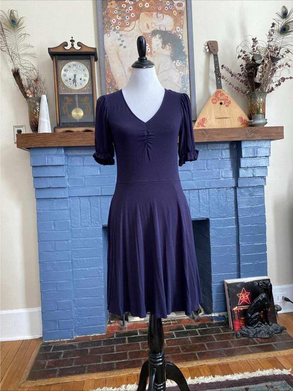BODEN Jersey Knit Midi Dress 4R Navy Blue V Neck‎ Ballet Dress S Ruffle Sleeve